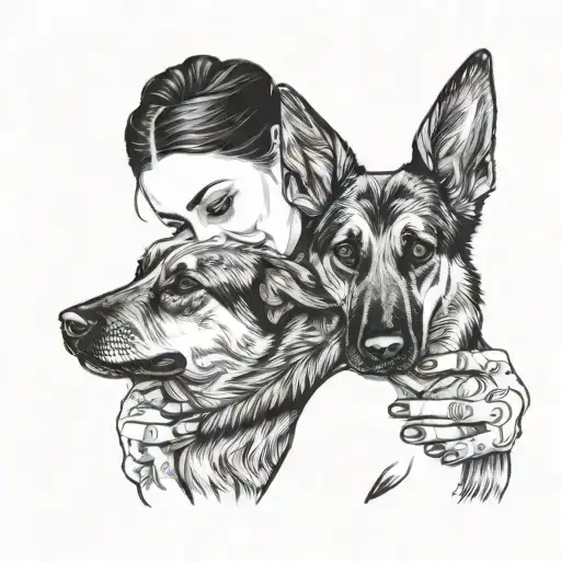 mexican beautiful woman with thick eye lashes hugging a german shepard puppy with her eyes closed and sad tattoo design idea