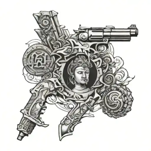 guns, cars, money, samurai, buddhism, stars, libra, chakra, greek mythology, tattoo design idea
