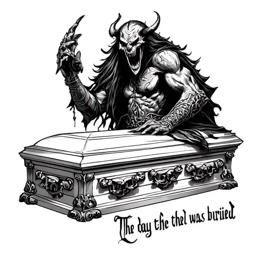 "The day the devil was buried " demon warrior above devil casket tattoo design idea