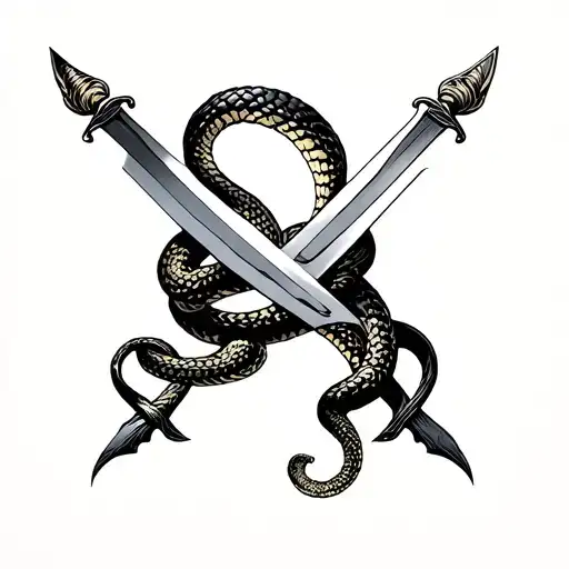 black bands wrist and elbow snake wrapping forearm between bands and two swords tattoo design idea