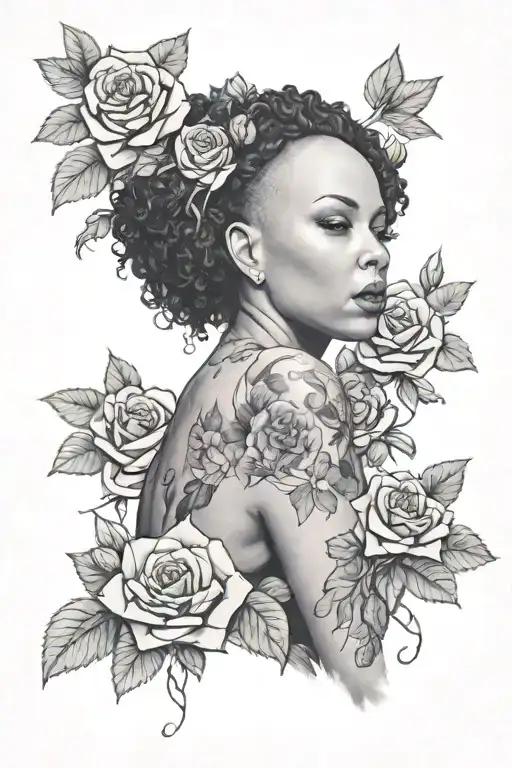 Domestic Violence survivor lesbian black light skin bald curly hair woman emerging from a bed of roses  tattoo design idea
