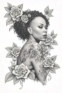 Domestic Violence survivor lesbian black light skin bald curly hair woman emerging from a bed of roses  tattoo design idea