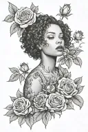 Domestic Violence survivor lesbian black light skin bald curly hair woman emerging from a bed of roses  tattoo design idea