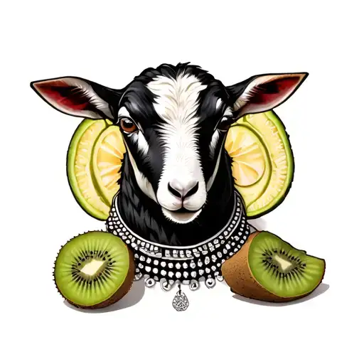lamb wearing a studded necklace cut in half with a kiwi fruit cross section tattoo design idea