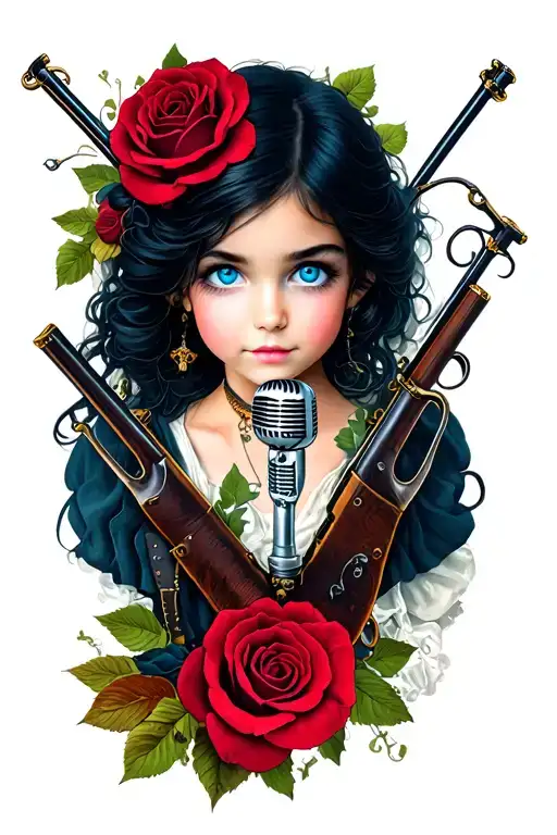 one girl with blue eyes has black hair and she is pirates with muskets black roses and a microphone and a fishing pole tattoo design idea