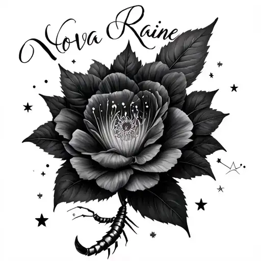 the name "Nova Raine" with stars in the Scorpio constellation and November flower tattoo design idea