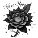 the name "Nova Raine" with stars in the Scorpio constellation and November flower tattoo design idea