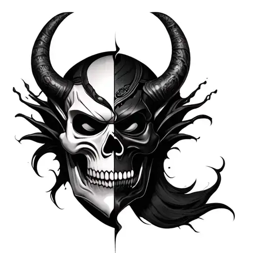 realistic oni mask split in half with skull tattoo design idea