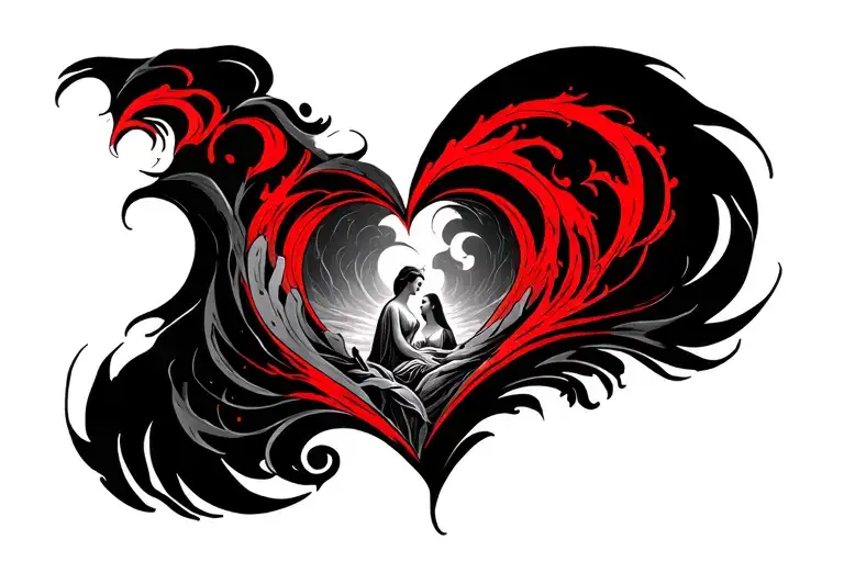 red waves parting in a subtle heart shape in a neo tribal style with moses and a woman in the middle tattoo design idea