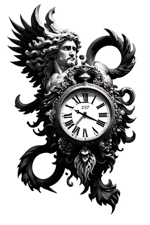 zeus with versace pattern a clock with 2:29 on the time  tattoo design idea