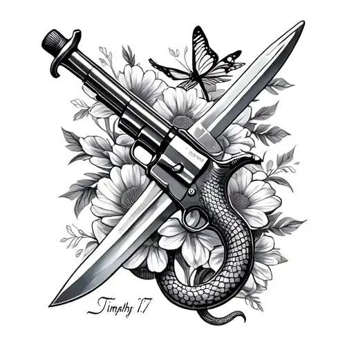  a gun and dagger surounded by flowers a snake and a buterfly with 2 Timothy 1:7 tattoo design idea