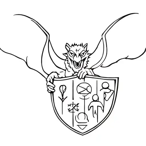 A minimalist tattoo of a gargoyle holding a shield with family symbols, signifying protection and strength for loved ones tattoo design idea