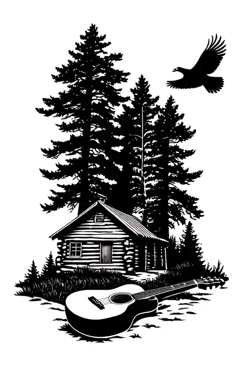 log cabin with an acoustic guitar in front and an eagle flying above. nature scene  tattoo design idea