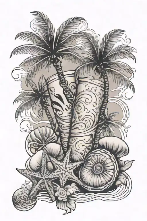 a beach themed spin tattoo with "sol deo gloria" and palm trees and sea shells tattoo design idea