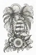 a beach themed spin tattoo with "sol deo gloria" and palm trees and sea shells tattoo design idea