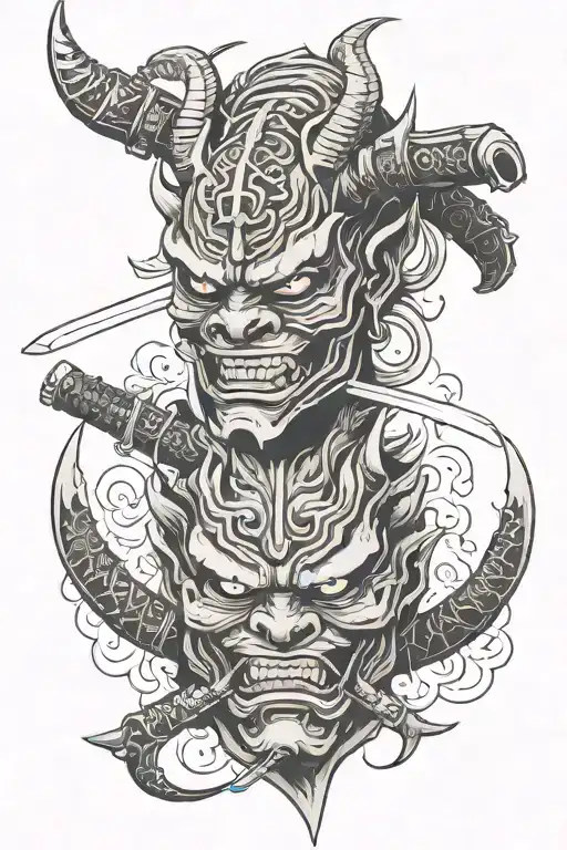 Demon oni mask, katana, inscription Klaus tattoo design idea