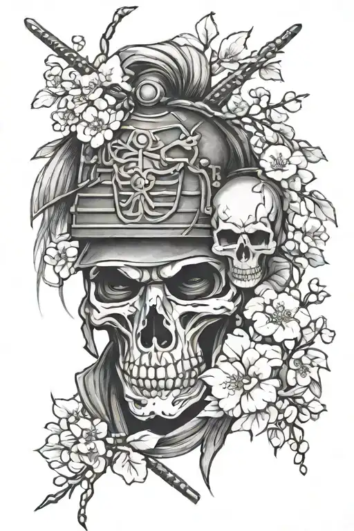 cherry blossom, samurai warrior, skull, temple tattoo design idea