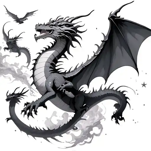 Large dragon flying with smaller dragons flying around it, add smoke and stars, feminine fine shading  tattoo design idea
