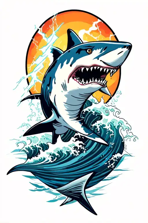 shark, waves and lightning tattoo design idea
