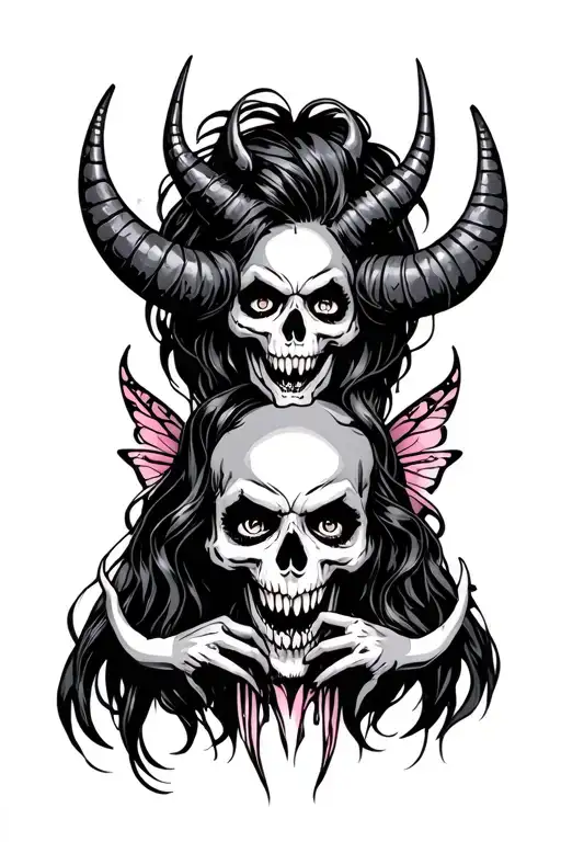evil fairy, fangs, skulls, horned, black and grey tattoo tattoo design idea