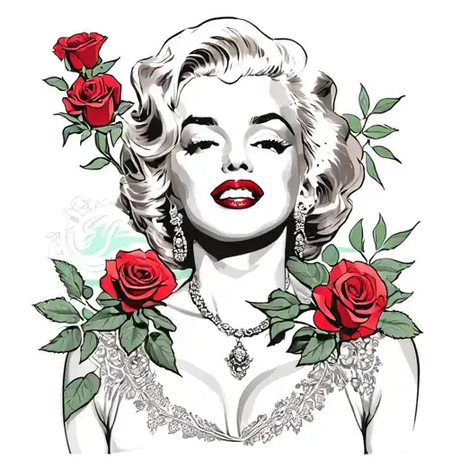 marilyn monroe holding red roses blooming tattoo design idea