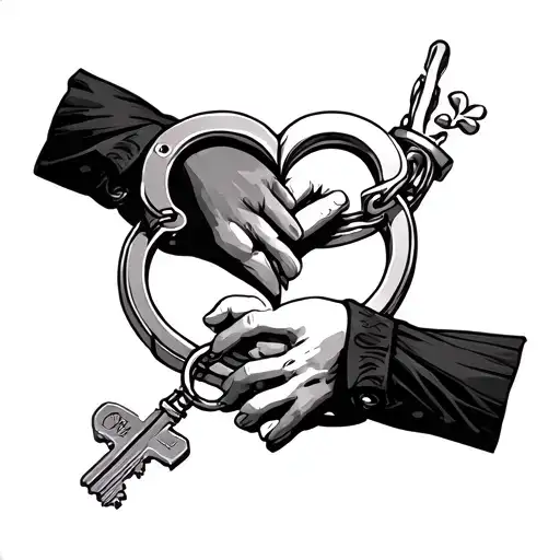 matching heart shaped handcuff tattoos for a man and woman in love, his has half of the cuffs and a key,  tattoo design idea