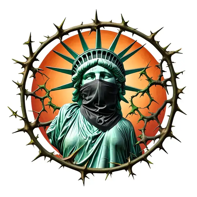 vines with thorns connecting memories including statue of liberty wearing black bandana over face as mask, pagani zonda tattoo design idea