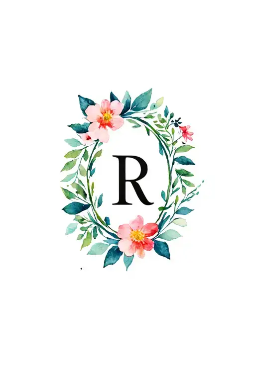 an oval of leaves and blooming flowers all around with an R in the center tattoo design idea