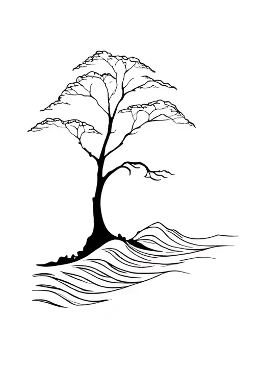 tree outline with ocean waves tattoo design idea