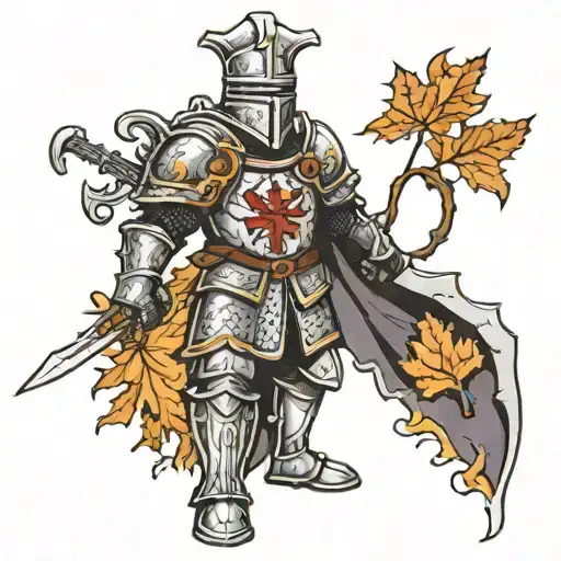 A new-school design featuring a knight Templar with intricate armor and fall foliage in the background tattoo design idea