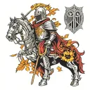 A new-school design featuring a knight Templar with intricate armor and fall foliage in the background tattoo design idea