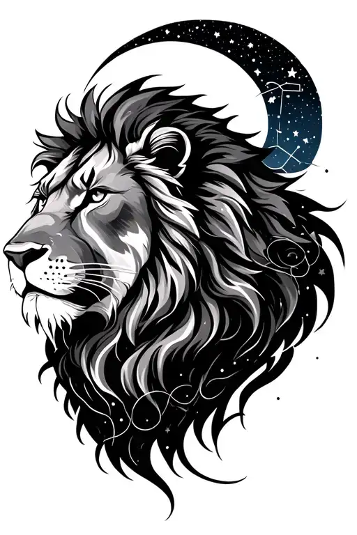 Lion head, leo constellation in the night sky filled with stars tattoo design idea
