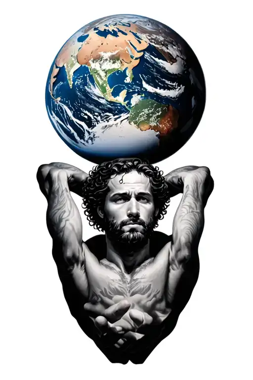 realistic atlas holding the world on his shoulders. have it front facing with atlas lookin down.  tattoo design idea