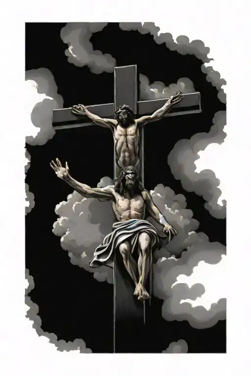 jesus on the cross with clouds surrounding tattoo design idea