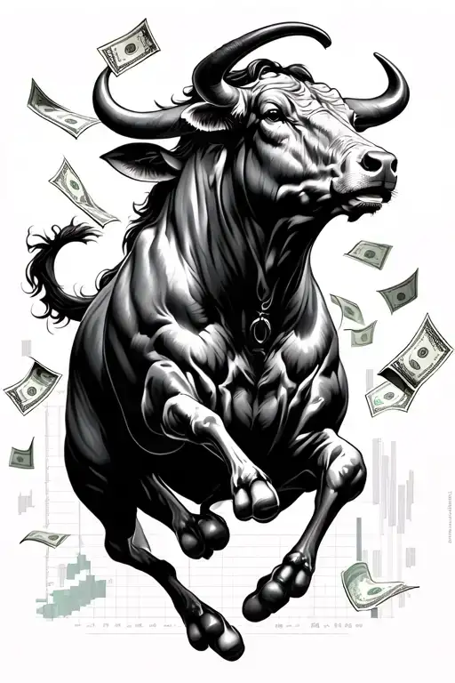 money falling from shoulder to the forearm, thena bull charging upward on the forearm and below it stock market chart  tattoo design idea