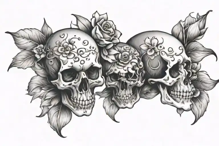 2 small skulls forming a heat surounded by flowers  tattoo design idea