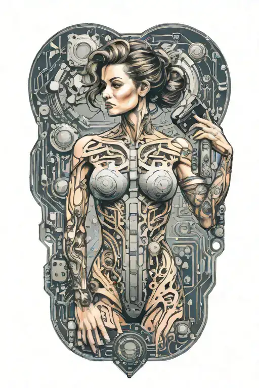 fitness bodybuilder women posing with technology circuits merging tattoo design idea