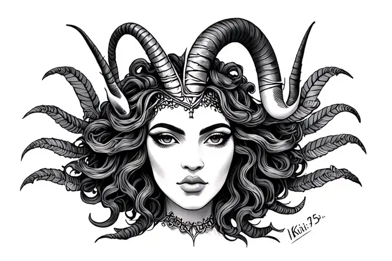 "Kiki.  12~25~85" Capricorn and African Medusa tattoo design idea
