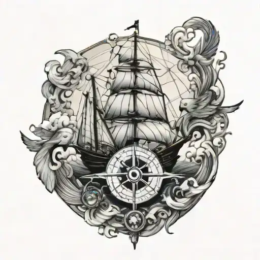bird compass rope ship iceberg tattoo design idea