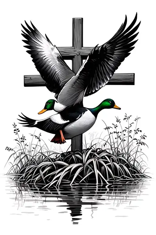 Ducks flying and a cross in a cypress swamp tattoo design idea