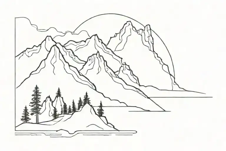 simple and minimal detail mountain range silhouette of 3 peaks with water at base and a few small trees. tattoo design idea