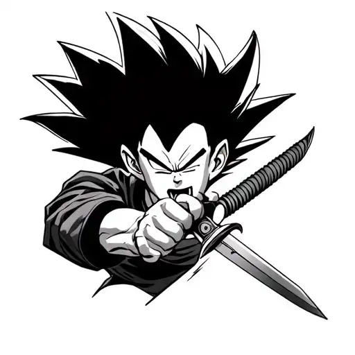 vegeta biting a dagger and holding a katana sword tattoo design idea