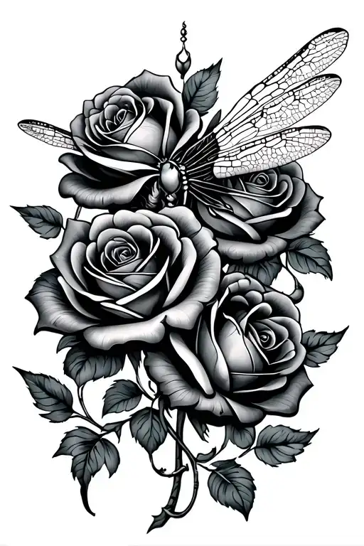 dragonfly and roses intertwined tattoo design idea