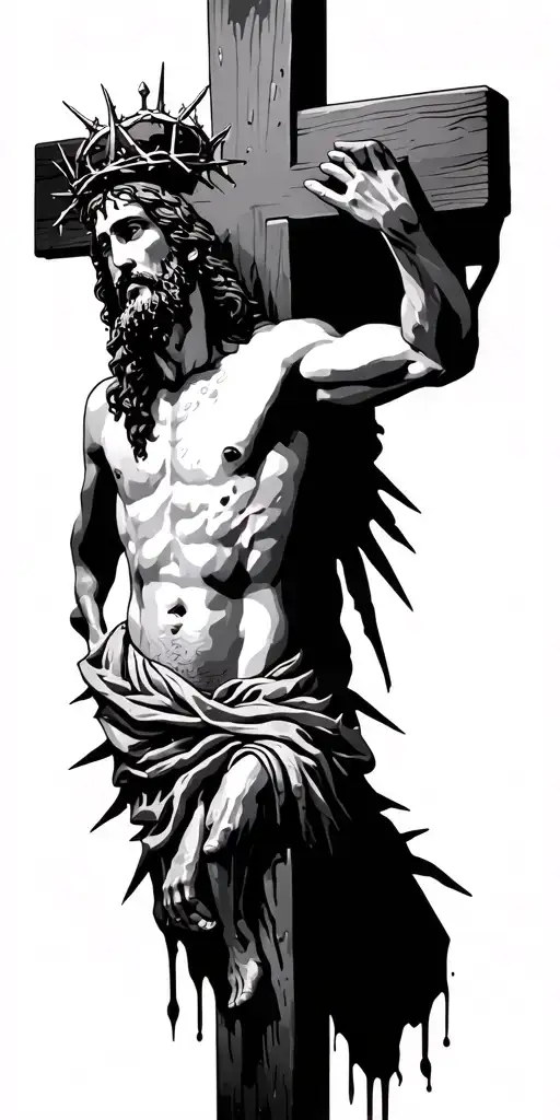 jesus on the cross with spikes in his hands and feet with a crown of thorns bleeding  tattoo design idea