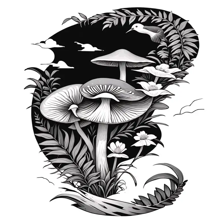 Black and grey full sleeve with mushrooms, ferns, flowers, and birds tattoo design idea