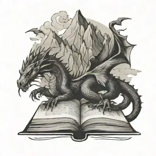 books, dragons, feminism mountains tattoo design idea