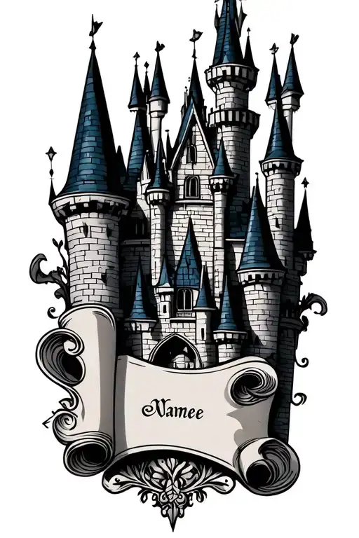 Disney castle line tattoo design with a space for names on a scroll tattoo design idea