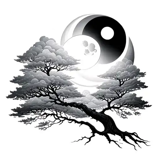 tree of life. sun and moon in clouds like yin yang above the tree tattoo design idea