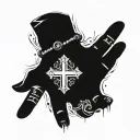 hand with a hole in it and a rosary the cross goes through the hole in the hand tattoo design idea