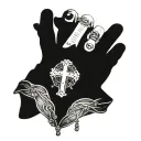 hand with a hole in it and a rosary the cross goes through the hole in the hand tattoo design idea